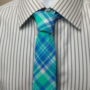 Vineyard Vines Men's Tie Nylon Spandex Blue Green Plaid Check Skinny Narrow